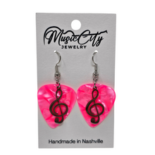 Load image into Gallery viewer, Guitar Pick Earrings β Choose Your Color β Handmade Nashville Music City Jewelry β Treble Clef Charm Earrings