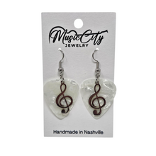 Load image into Gallery viewer, Guitar Pick Earrings β Choose Your Color β Handmade Nashville Music City Jewelry β Treble Clef Charm Earrings