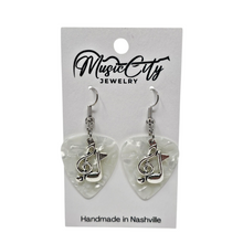 Load image into Gallery viewer, Guitar Pick Earrings β Choose Your Color β Handmade Nashville Music City Jewelry β Treble Clef & Music Note Charm