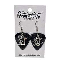 Load image into Gallery viewer, Guitar Pick Earrings β Choose Your Color β Handmade Nashville Music City Jewelry β Treble Clef & Music Note Charm