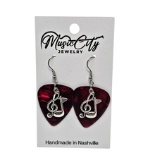 Load image into Gallery viewer, Guitar Pick Earrings β Choose Your Color β Handmade Nashville Music City Jewelry β Treble Clef & Music Note Charm