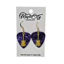 Load image into Gallery viewer, Handmade Guitar Pick Earrings – Custom Color Picks – Gold Plated Hooks – Guitar Charm Music Jewelry
