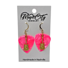 Load image into Gallery viewer, Handmade Guitar Pick Earrings – Custom Color Picks – Gold Plated Hooks – Guitar Charm Music Jewelry