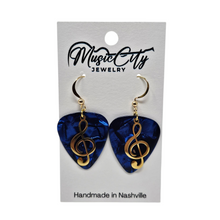 Load image into Gallery viewer, Handmade Guitar Pick Earrings – Custom Color Picks – Gold Plated Hooks – Treble Clef Charm Music Jewelry