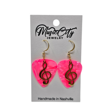 Load image into Gallery viewer, Handmade Guitar Pick Earrings – Custom Color Picks – Gold Plated Hooks – Treble Clef Charm Music Jewelry