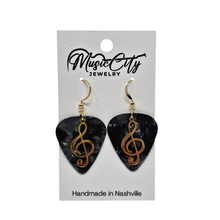 Load image into Gallery viewer, Handmade Guitar Pick Earrings – Custom Color Picks – Gold Plated Hooks – Treble Clef Charm Music Jewelry