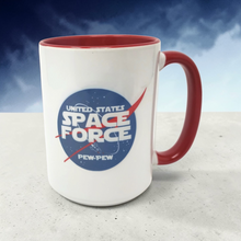 Load image into Gallery viewer, Funny Space Mug – “Space Force Pew Pew” – NASA Parody Coffee Mug, 15 oz Ceramic, Double-Sided Print