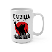 Load image into Gallery viewer, Catzilla Mug – Funny Cat Destroying City Coffee Mug – 15 oz Ceramic Mug – Cute Kaiju Cat Humor Cup