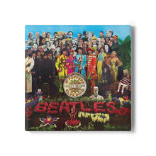 Load image into Gallery viewer, Sgt Pepper Inspired Ceramic Coaster, Retro Album Art Coaster, Beatles Style Decor, Music Lover Gift, Glossy Tile Coaster with Cork Backing