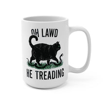 Load image into Gallery viewer, Funny Cat Parody Mug – “Oh Lawd He Treading” – Gadsden Flag Spoof Coffee Mug, 15 oz Ceramic, Double-Sided Print