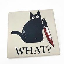 Load image into Gallery viewer, Black Cat “What” Ceramic Coaster – Glossy Square with Cork Backing