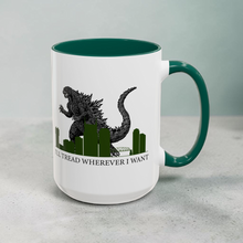 Load image into Gallery viewer, Funny Godzilla Parody Mug – “I’ll Tread Wherever I Want” – Gadsden Flag Spoof Coffee Mug, 15 oz Ceramic, Double-Sided Print