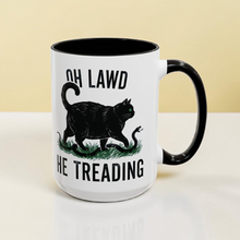 Load image into Gallery viewer, Funny Cat Parody Mug – “Oh Lawd He Treading” – Gadsden Flag Spoof Coffee Mug, 15 oz Ceramic, Double-Sided Print