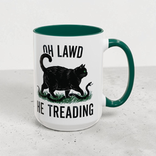 Load image into Gallery viewer, Funny Cat Parody Mug – “Oh Lawd He Treading” – Gadsden Flag Spoof Coffee Mug, 15 oz Ceramic, Double-Sided Print