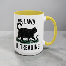 Load image into Gallery viewer, Funny Cat Parody Mug – “Oh Lawd He Treading” – Gadsden Flag Spoof Coffee Mug, 15 oz Ceramic, Double-Sided Print