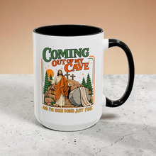 Load image into Gallery viewer, Funny Jesus Mug – “Coming Out of My Cave and I’ve Been Doing Just Fine” – Resurrection Humor Coffee Mug, 15 oz Ceramic, Double-Sided Print