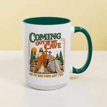Load image into Gallery viewer, Funny Jesus Mug – “Coming Out of My Cave and I’ve Been Doing Just Fine” – Resurrection Humor Coffee Mug, 15 oz Ceramic, Double-Sided Print