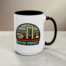 Load image into Gallery viewer, Funny Retro Mug – “Never Forget Cassette, VHS, Floppy Disk” – 90s Nostalgia Coffee Mug, 15 oz Ceramic, Double-Sided Print