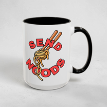 Load image into Gallery viewer, Funny Noodle Mug – “Send Noods” – Ramen Chopsticks Coffee Mug, Food Pun Humor, 15 oz Ceramic, Double-Sided Print