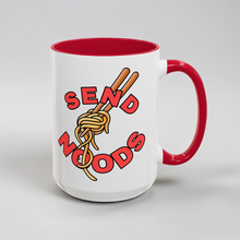 Load image into Gallery viewer, Funny Noodle Mug – “Send Noods” – Ramen Chopsticks Coffee Mug, Food Pun Humor, 15 oz Ceramic, Double-Sided Print