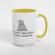 Load image into Gallery viewer, Funny Snake Parody Mug – “No One Is Treading on You, Sweetie” – Gadsden Flag Spoof Coffee Mug, 15 oz Ceramic, Double-Sided Print
