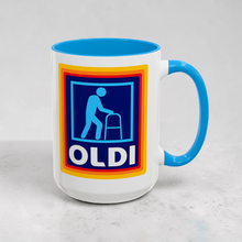 Load image into Gallery viewer, Funny Grocery Store Mug – “OLDI” – Aldi Parody Coffee Mug with Walker, 15 oz Ceramic, Double-Sided Print
