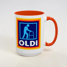 Load image into Gallery viewer, Funny Grocery Store Mug – “OLDI” – Aldi Parody Coffee Mug with Walker, 15 oz Ceramic, Double-Sided Print