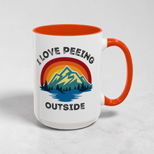 Load image into Gallery viewer, Funny Hiking Mug – “I Love Peeing Outside” – Mountain Adventure Coffee Mug, 15 oz Ceramic, Double-Sided Print