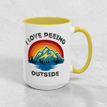 Load image into Gallery viewer, Funny Hiking Mug – “I Love Peeing Outside” – Mountain Adventure Coffee Mug, 15 oz Ceramic, Double-Sided Print