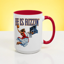 Load image into Gallery viewer, Funny Basketball Mug – “He Is Rizzin’” – Full Color Jesus Playing Basketball Coffee Mug, 15 oz Ceramic, Double-Sided Print