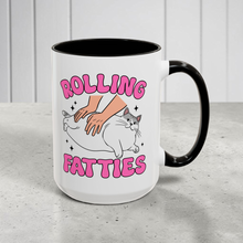 Load image into Gallery viewer, Funny Cat Mug – “Rolling Fatties” – Chubby Cat Humor Coffee Mug, 15 oz Ceramic, Double-Sided Print