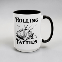 Load image into Gallery viewer, Funny Cat Mug – “Rolling Fatties” Black & White – Chubby Cat Humor Coffee Mug, 15 oz Ceramic, Double-Sided Print