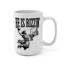 Load image into Gallery viewer, Funny Basketball Mug – “He Is Rizzin’” – Jesus Playing Basketball Coffee Mug, 15 oz Ceramic, Double-Sided Print