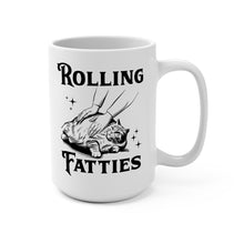 Load image into Gallery viewer, Funny Cat Mug – “Rolling Fatties” Black & White – Chubby Cat Humor Coffee Mug, 15 oz Ceramic, Double-Sided Print