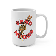 Load image into Gallery viewer, Funny Noodle Mug – “Send Noods” – Ramen Chopsticks Coffee Mug, Food Pun Humor, 15 oz Ceramic, Double-Sided Print