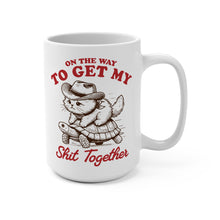 Load image into Gallery viewer, Funny Cat Mug – “On My Way to Get My Shit Together” – Cat Riding Turtle Coffee Mug, 15 oz Ceramic, Double-Sided Print