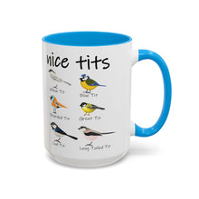 Load image into Gallery viewer, Funny Bird Mug – “Nice Tits” – Bird Pun Coffee Mug with Various Birds, 15 oz Ceramic, Double-Sided Print