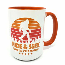 Load image into Gallery viewer, Funny Bigfoot Mug – “Hide & Seek World Champion” – Sasquatch Humor Coffee Mug, 15 oz Ceramic, Double-Sided Print