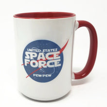Load image into Gallery viewer, Funny Space Mug – “Space Force Pew Pew” – NASA Parody Coffee Mug, 15 oz Ceramic, Double-Sided Print