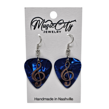 Load image into Gallery viewer, Guitar Pick Earrings – Choose Your Color – Handmade Nashville Music City Jewelry – Treble Clef Charm Earrings
