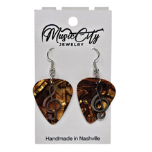 Load image into Gallery viewer, Guitar Pick Earrings – Choose Your Color – Handmade Nashville Music City Jewelry – Treble Clef Charm Earrings
