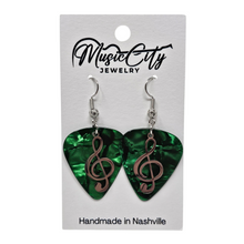 Load image into Gallery viewer, Guitar Pick Earrings – Choose Your Color – Handmade Nashville Music City Jewelry – Treble Clef Charm Earrings
