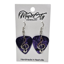 Load image into Gallery viewer, Guitar Pick Earrings – Choose Your Color – Handmade Nashville Music City Jewelry – Treble Clef Charm Earrings
