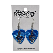 Load image into Gallery viewer, Guitar Pick Earrings – Choose Your Color – Handmade Nashville Music City Jewelry – Treble Clef Charm Earrings
