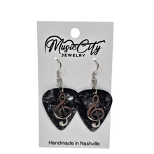 Load image into Gallery viewer, Guitar Pick Earrings – Choose Your Color – Handmade Nashville Music City Jewelry – Treble Clef Charm Earrings
