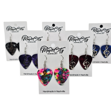 Load image into Gallery viewer, Guitar Pick Earrings – Choose Your Color – Handmade Nashville Music City Jewelry – Treble Clef Charm Earrings
