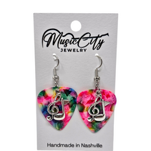 Load image into Gallery viewer, Guitar Pick Earrings – Choose Your Color – Handmade Nashville Music City Jewelry – Treble Clef &amp; Music Note Charm
