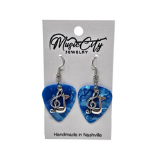 Load image into Gallery viewer, Guitar Pick Earrings – Choose Your Color – Handmade Nashville Music City Jewelry – Treble Clef &amp; Music Note Charm
