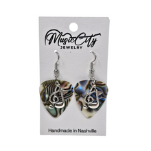 Load image into Gallery viewer, Guitar Pick Earrings – Choose Your Color – Handmade Nashville Music City Jewelry – Treble Clef &amp; Music Note Charm
