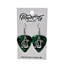 Load image into Gallery viewer, Guitar Pick Earrings – Choose Your Color – Handmade Nashville Music City Jewelry – Treble Clef &amp; Music Note Charm
